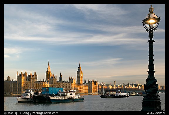 Lamp, Thames River, and Westminster Palace. London, England, United Kingdom