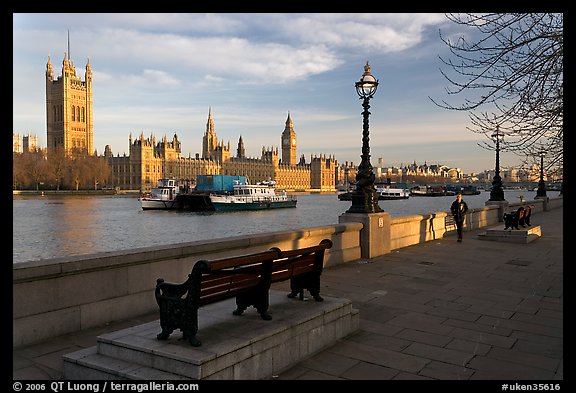 Riverfront promenade, Thames River, and Westminster Palace. London, England, United Kingdom