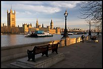 Riverfront promenade, Thames River, and Westminster Palace. London, England, United Kingdom (color)