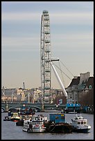 Boats, Thames River, and London Eye. London, England, United Kingdom