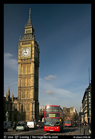 Double decker bus on Westminster Bridge  and Big Ben. London, England, United Kingdom (color)