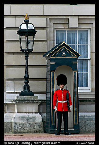 Guard and guerite, Buckingham Palace. London, England, United Kingdom (color)