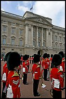 Musicians of the guard during the guard mounting in front of Buckingham Palace. London, England, United Kingdom