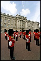 Guards and Buckingham Palace, the changing of the Guard. London, England, United Kingdom (color)