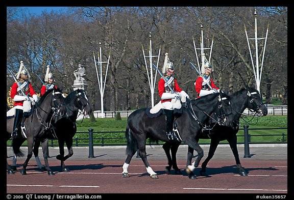 Horse guards riding near Buckingham Palace. London, England, United Kingdom (color)