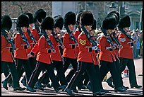 Guards with tall bearskin hats  marching near Buckingham Palace. London, England, United Kingdom (color)
