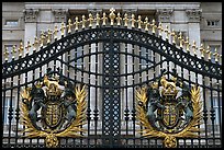 Entrance grids of Buckingham Palace with royalty emblems. London, England, United Kingdom (color)