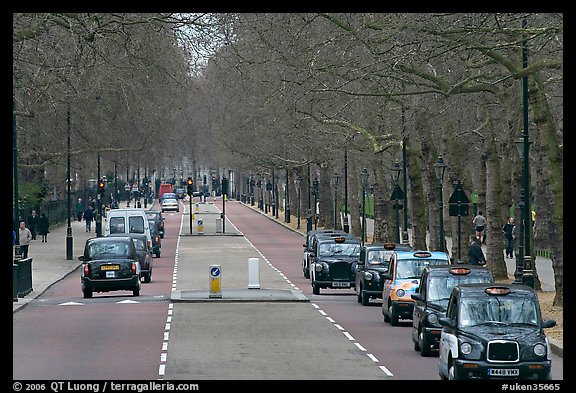 Black cabs and street near Saint James Park with. London, England, United Kingdom (color)