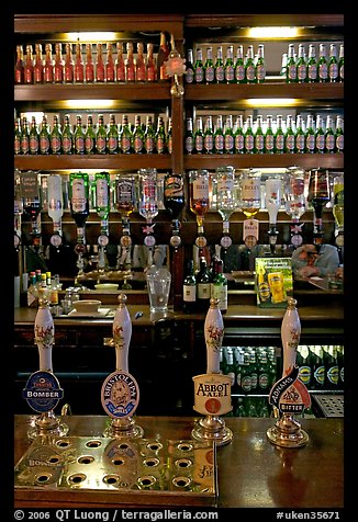 Hand-pulled pumps used to serve real ale beers, Westmister Arms bar. London, England, United Kingdom (color)