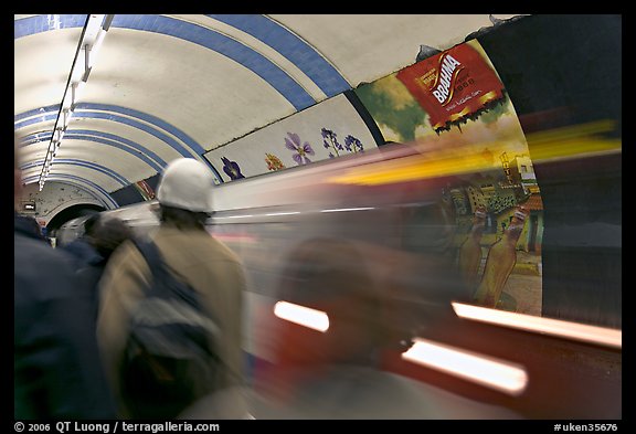 People and train in motion, London underground. London, England, United Kingdom