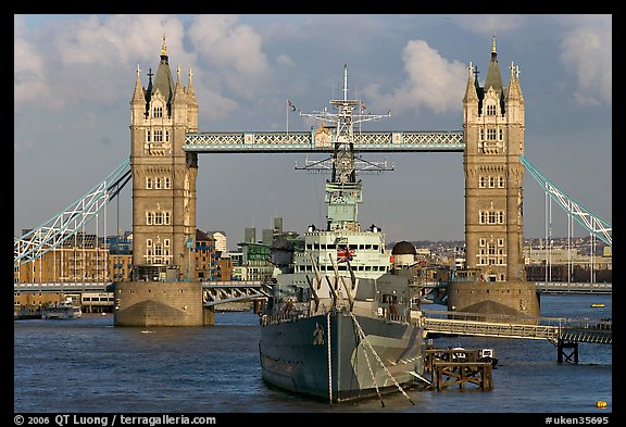 HMS Belfast cruiser and Tower Bridge, late afternoon. London, England, United Kingdom