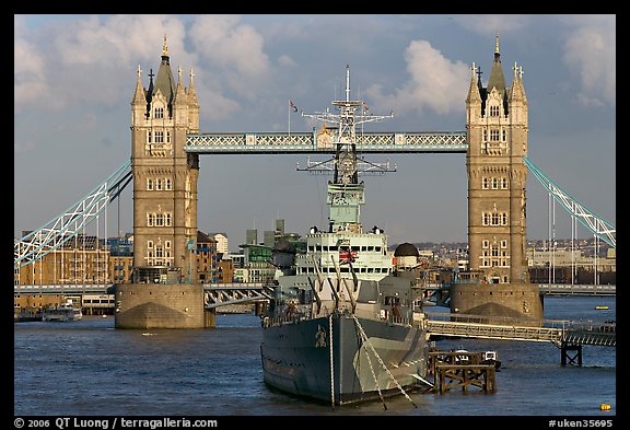 HMS Belfast cruiser and Tower Bridge, late afternoon. London, England, United Kingdom
