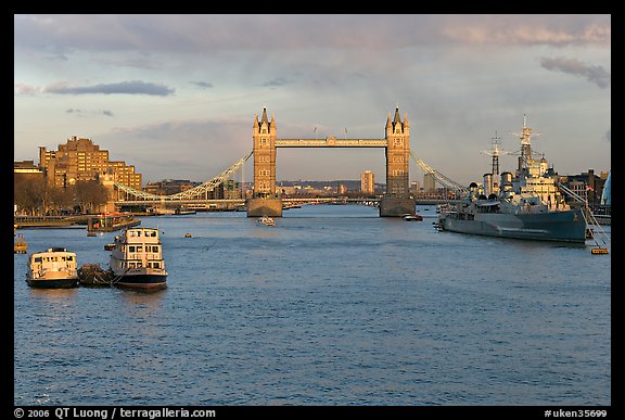 Thames River, Tower Bridge, HMS Belfast, late afternoon. London, England, United Kingdom