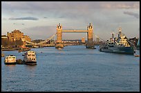 Thames River, Tower Bridge, HMS Belfast, late afternoon. London, England, United Kingdom