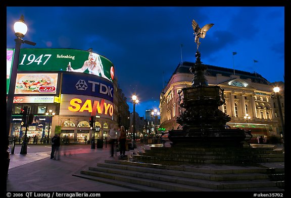 Neon advertising and Eros statue, Piccadilly Circus. London, England, United Kingdom (color)