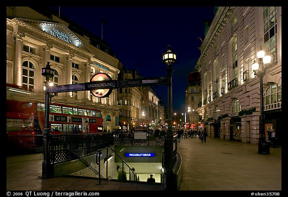 Underground station entrance at dusk, Piccadilly Circus. London, England, United Kingdom (color)