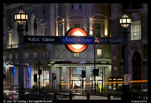 Subway entrance at night, Piccadilly Circus. London, England, United Kingdom (color)