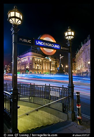 Underground  entrance and lights from traffic at night, Piccadilly Circus. London, England, United Kingdom (color)