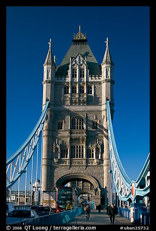Commute hour on Tower Bridge, early morning. London, England, United Kingdom