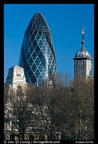 Swiss Re Tower (also known as 30 St Mary Axe, or The Gherkin), designed by Norman Foster. London, England, United Kingdom (color)