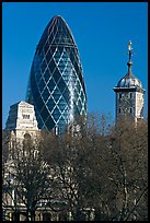 Swiss Re Tower (also known as 30 St Mary Axe, or The Gherkin), designed by Norman Foster. London, England, United Kingdom (color)