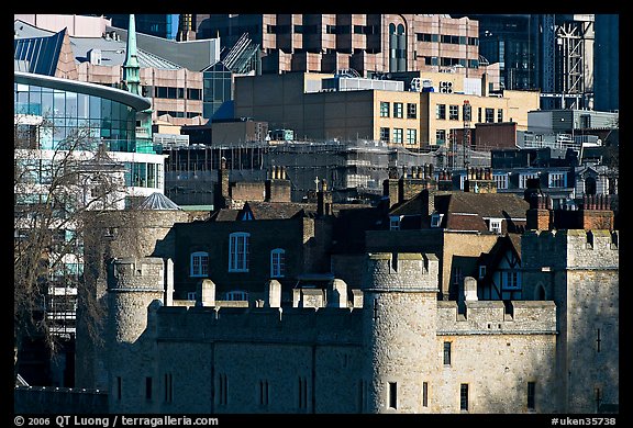 Tower of London and modern buildings. London, England, United Kingdom