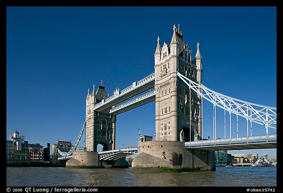 Tower Bridge at river level, morning. London, England, United Kingdom (color)