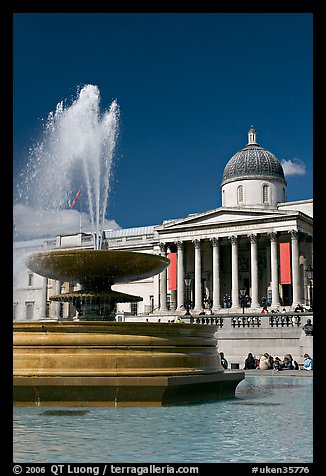 Fountain and National Gallery, Trafalgar Square. London, England, United Kingdom