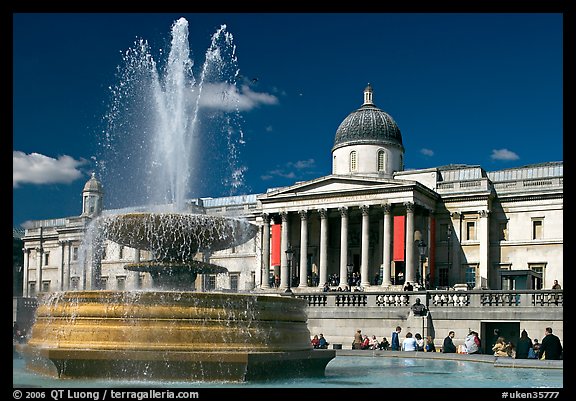 Fountain and National Gallery, Trafalgar Square, mid-day. London, England, United Kingdom (color)