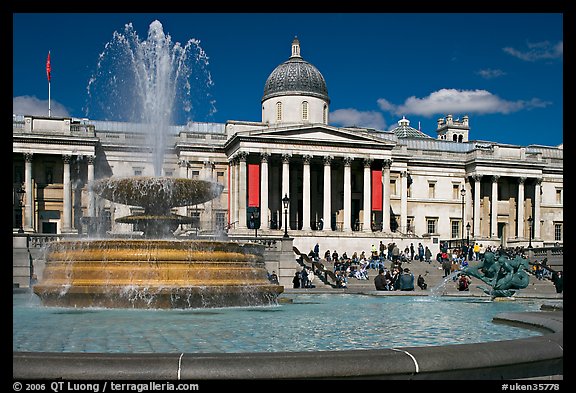 Fountain ( designed by Lutyens in 1939) and National Gallery, Trafalgar Square. London, England, United Kingdom (color)