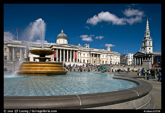 Fountain, National Gallery, and  St Martin's-in-the-Fields church, Trafalgar Square. London, England, United Kingdom (color)