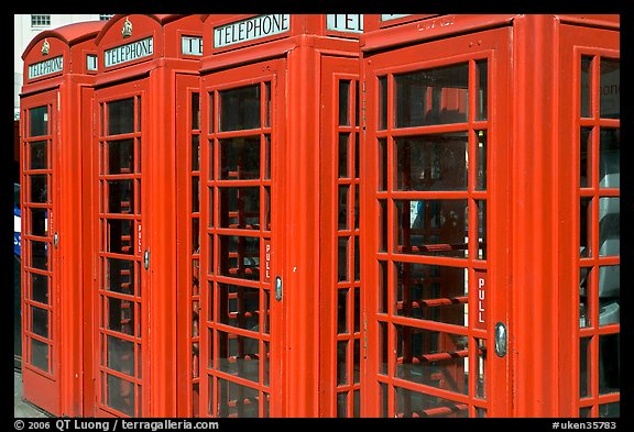 Row of Red phone booths. London, England, United Kingdom (color)