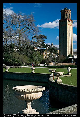 Vasques, lake and campanile. Kew Royal Botanical Gardens,  London, England, United Kingdom (color)