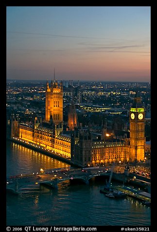 Aerial view of Westminster Palace from the London Eye at sunset. London, England, United Kingdom (color)