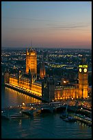 Aerial view of Westminster Palace from the London Eye at sunset. London, England, United Kingdom (color)