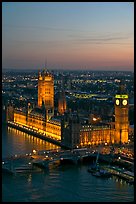 Aerial view of Westminster Palace from the London Eye at sunset. London, England, United Kingdom