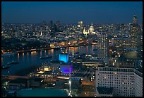 Aerial view of central London at dusk with Saint Paul and Thames River. London, England, United Kingdom (color)