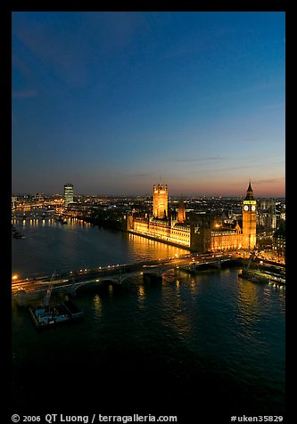 Aerial view of Thames River and Houses of Parliament at dusk. London, England, United Kingdom