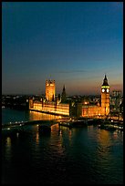 Thames River and Houses of Parliament at night seen from the London Eye. London, England, United Kingdom ( color)