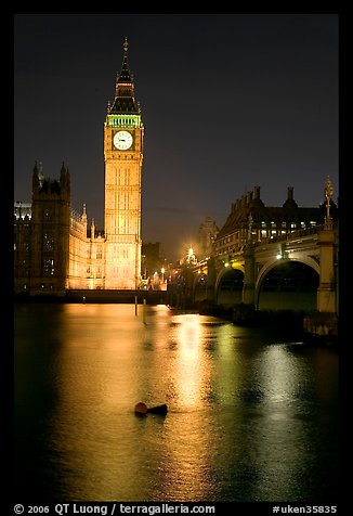 Big Ben reflected in Thames River at night. London, England, United Kingdom (color)