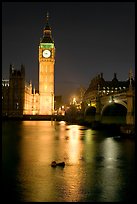 Big Ben reflected in Thames River at night. London, England, United Kingdom (color)
