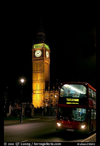 Double-decker bus and Big Ben at night. London, England, United Kingdom