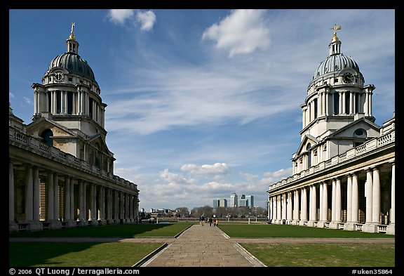 Symetrical domes of the Old Royal Naval College, designed by Christopher Wren. Greenwich, London, England, United Kingdom