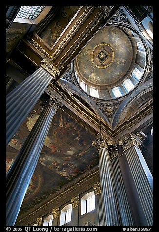 Columns and entrance of Painted Hall of Greenwich Hospital. Greenwich, London, England, United Kingdom