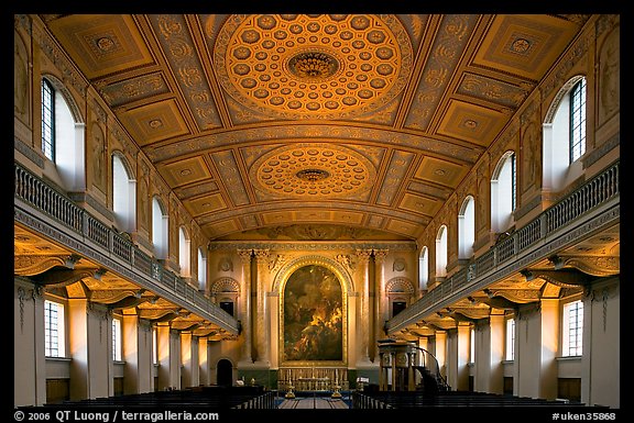 Chapel interior with richly decorated ceiling, Greenwich University. Greenwich, London, England, United Kingdom (color)