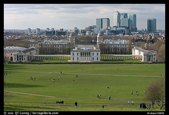 Greenwich Park lawn, Royal Maritime Museum, Greenwich Hospital, and Docklands. Greenwich, London, England, United Kingdom