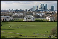 Greenwich Park lawn, Royal Maritime Museum, Greenwich Hospital, and Docklands. Greenwich, London, England, United Kingdom