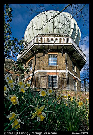 Royal Greenwich Observatory and daffodils. Greenwich, London, England, United Kingdom