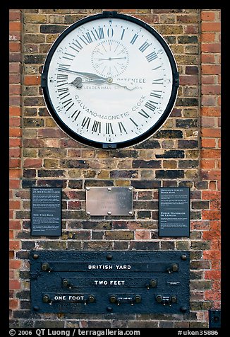 Shepherd 24-hour gate clock, and public standard of length, Royal Observatory. Greenwich, London, England, United Kingdom (color)