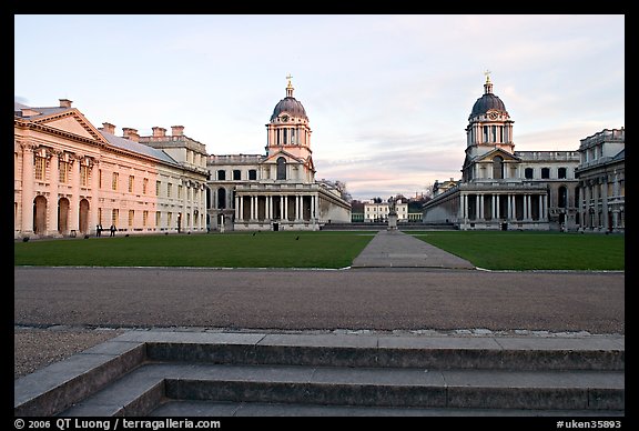 Grand Square, Old Royal Naval College, sunset. Greenwich, London, England, United Kingdom (color)